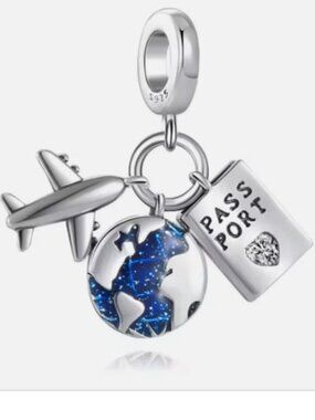 S925 Sterling Silver Travel Passport Airplane Pendant Charm Bracelet Necklace